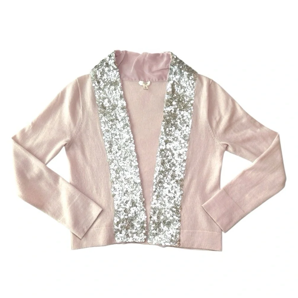 J Crew Open Cardigan Small 100% Washable Merino Wool Shawl Collar Sequin Cropped